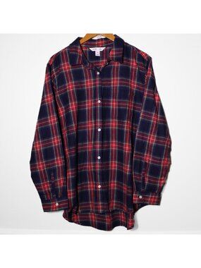 Old Navy Womens Long Sleeve Button Front Flannel Top Navy Blue Red Plaid XL
